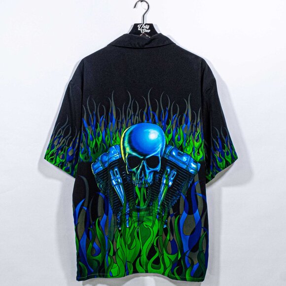 Sapphire Lounge Skull Motorcycle Flame Short Sleeve Button Shirt Loop Collar XL - Picture 2 of 6